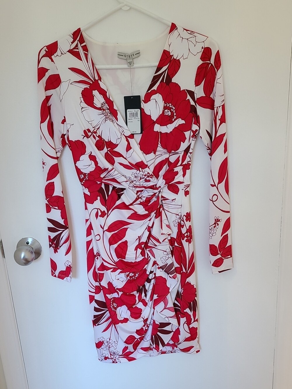 Guess Red and White Floral Long Sleeve Twist-Front Dress